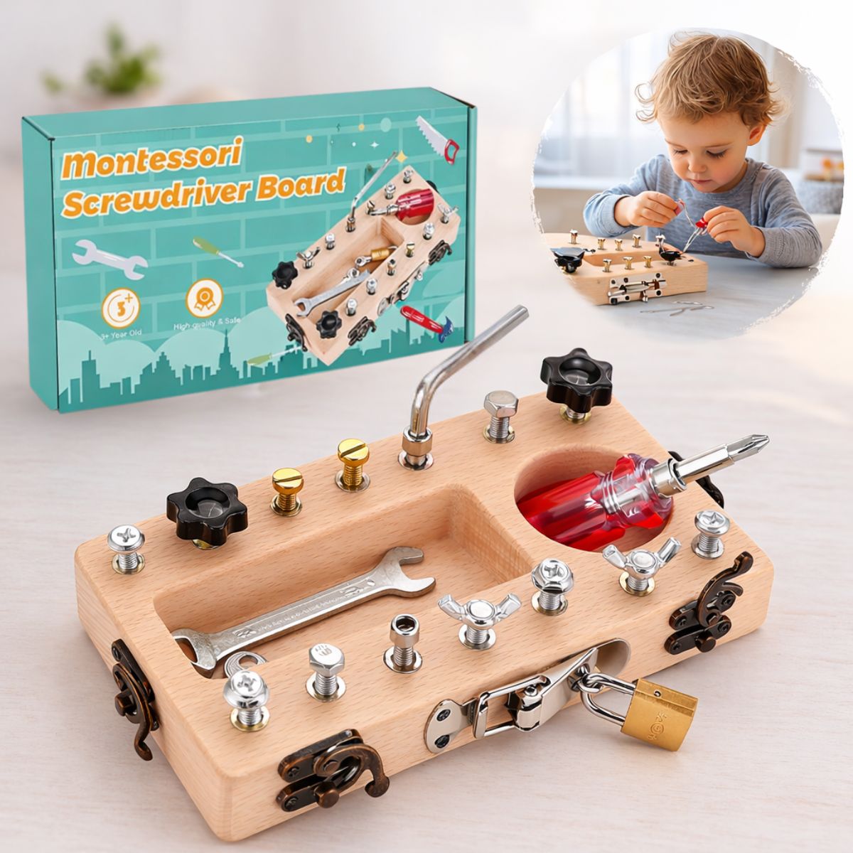 Juguete Montessori de Herramientas de Madera para Niños con Tornillos y Destornillador. Tablero Educativo Sensorial Para Habilidades Motoras STEM Infantil