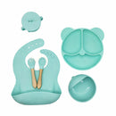 Plato de Silicon Antideslizante para Bebé con Babero Recogemigas, Bowl, Vaso con Tapa y Cubiertos, Libre de BPA. Vajilla Infantil para Aprendizaje. Color Verde Menta.