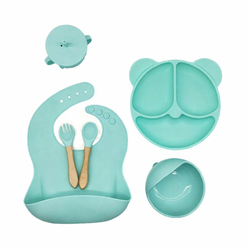 Plato de Silicon Antideslizante para Bebé con Babero Recogemigas, Bowl, Vaso con Tapa y Cubiertos, Libre de BPA. Vajilla Infantil para Aprendizaje. Color Verde Menta.
