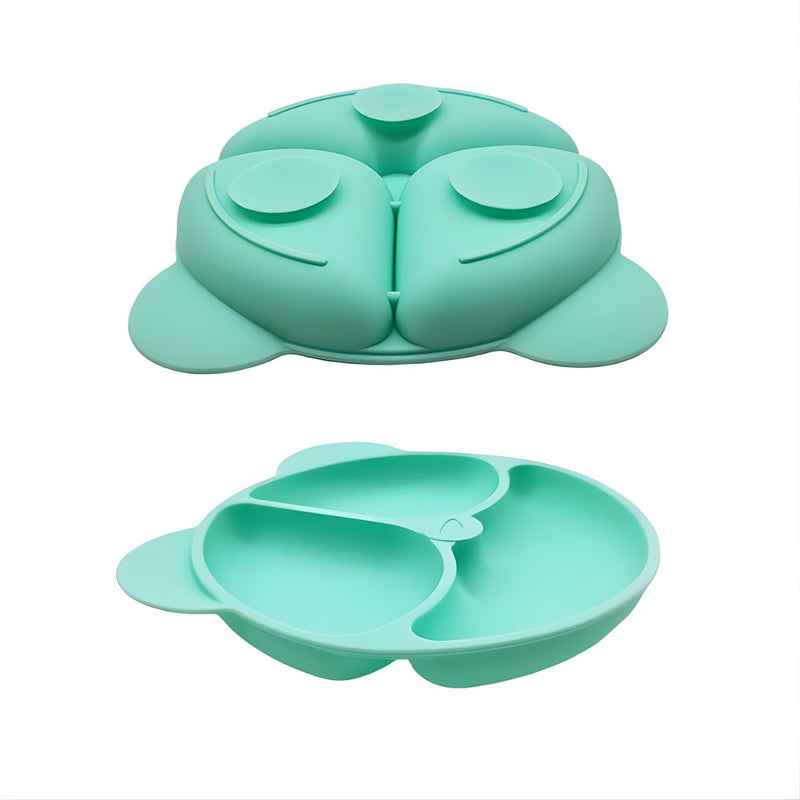 Plato de Silicon Antideslizante para Bebé con Babero Recogemigas, Bowl, Vaso con Tapa y Cubiertos, Libre de BPA. Vajilla Infantil para Aprendizaje. Color Verde Menta.