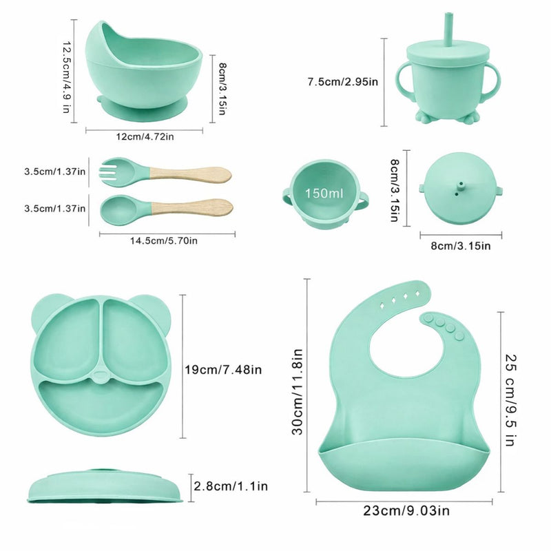 Plato de Silicon Antideslizante para Bebé con Babero Recogemigas, Bowl, Vaso con Tapa y Cubiertos, Libre de BPA. Vajilla Infantil para Aprendizaje. Color Verde Menta.