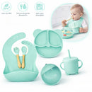 Plato de Silicon Antideslizante para Bebé con Babero Recogemigas, Bowl, Vaso con Tapa y Cubiertos, Libre de BPA. Vajilla Infantil para Aprendizaje. Color Verde Menta.