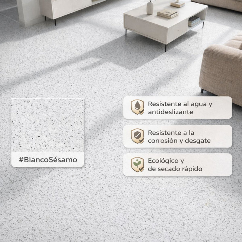 Pintura Epóxica Autonivelante para Pisos con Arena Color Blanco Sésamo. Recubrimiento Antideslizante Impermeable de Alta Resistencia (5Kg)