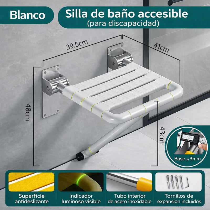 Asiento Abatible para Ducha de Pared con Soporte Reforzado. Silla de Baño Plegable Asiento Plegable de Baño para Adultos Mayores y Discapacitados de Acero Inoxidable 304 (3mm) y  ABS. Color Blanco