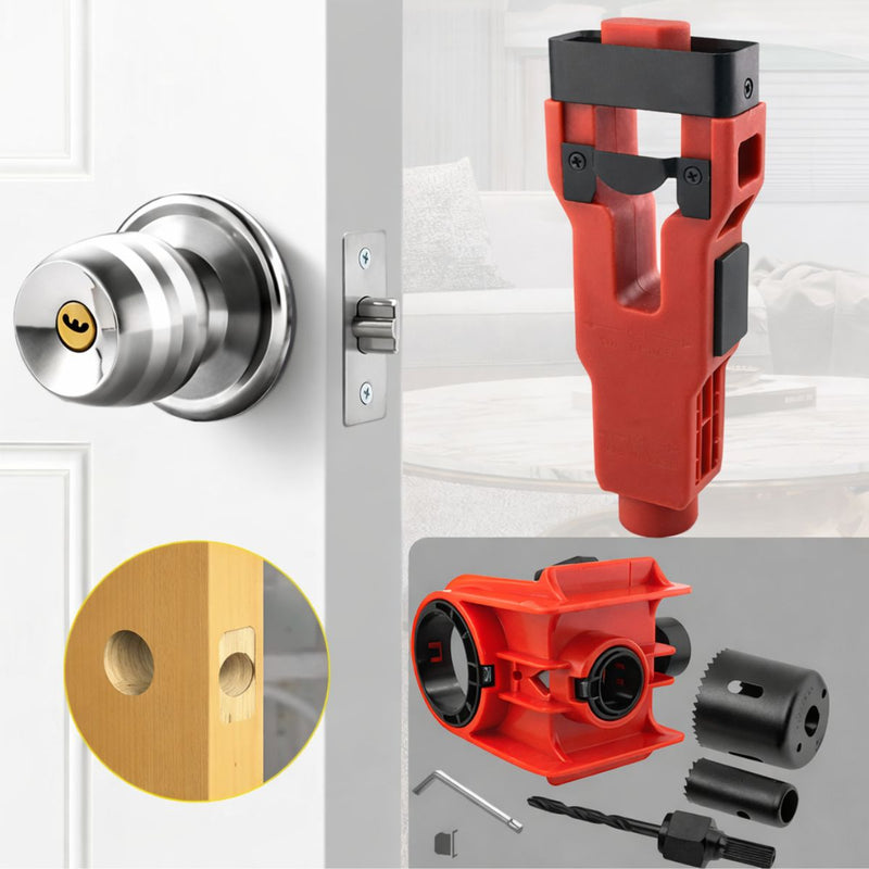Kit de Instalación de Cerraduras para Puertas de Madera plantlla 35 -45 mm de espesor (1-3/8" y 1-3/4") con Guía de Perforación Ajustable y Sierra Copa Incluida. Rojo