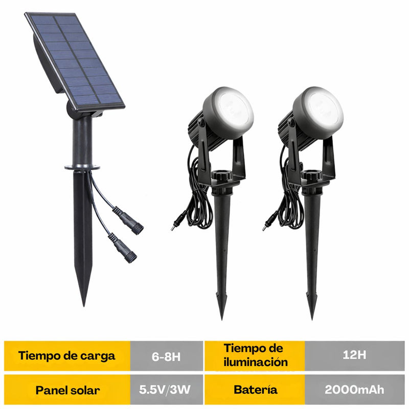 Lámparas Solares para Jardín con Estaca LED 6000K (Set de 2). Kit de Iluminación Exterior con Panel Solar 5V/3W. Focos Impermeables para Patio Camino y Paisajismo. Luz Blanca