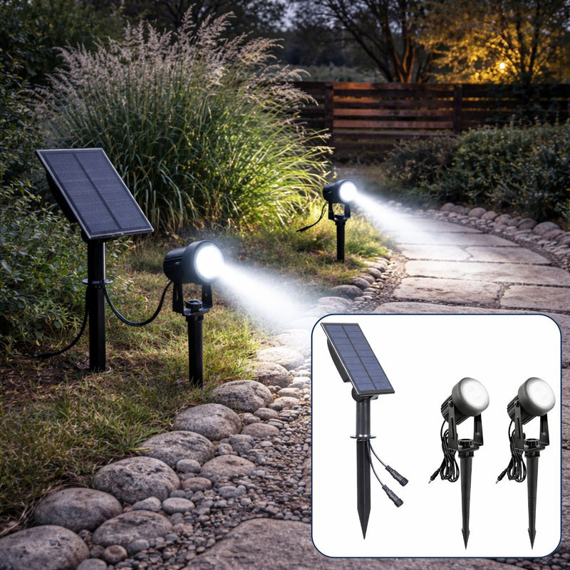 Lámparas Solares para Jardín con Estaca LED 6000K (Set de 2). Kit de Iluminación Exterior con Panel Solar 5V/3W. Focos Impermeables para Patio Camino y Paisajismo. Luz Blanca