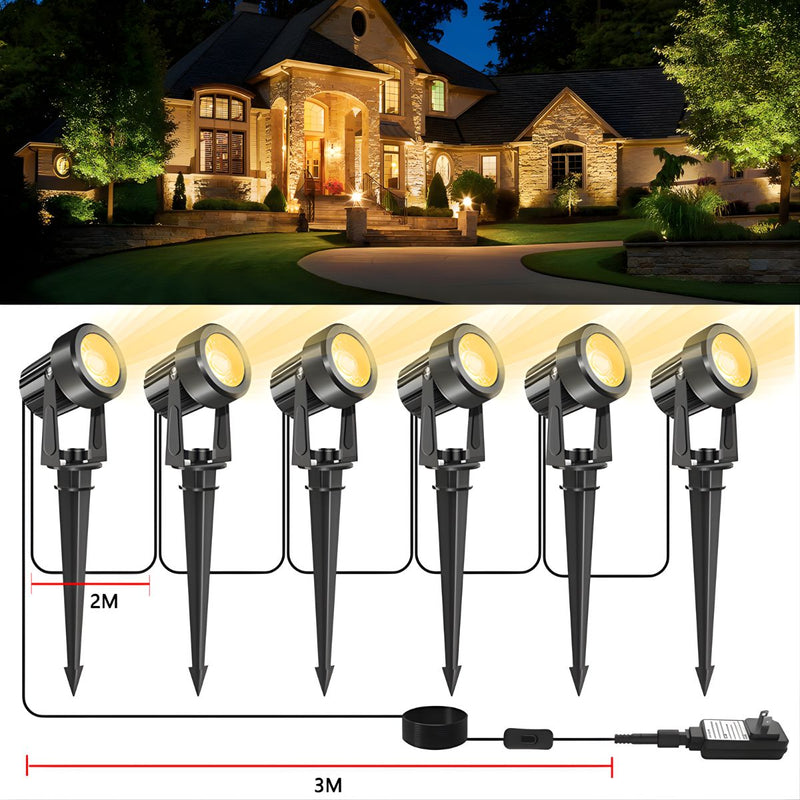 Kit de Luces LED para Jardín Exterior con Estacas – Iluminación Decorativa para Paisajismo 3000K con Enchufe y Cable 3M (Set de 6). Luz Cálida