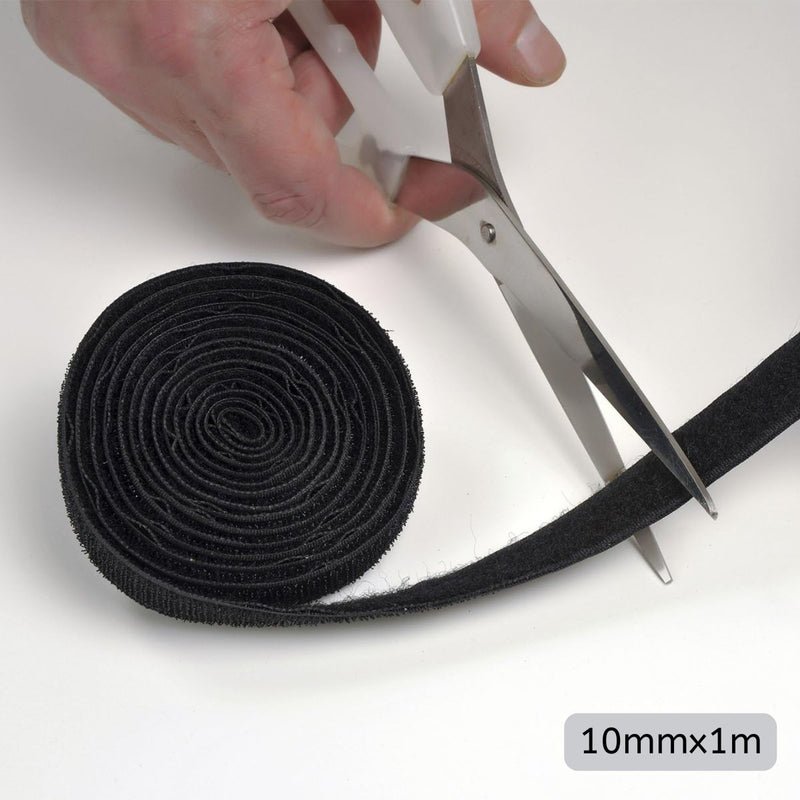 Cinta de Velcro Adhesiva Negra 10mmx1M. Tira Ajustable Reutilizable para Organización de Cables y Uso Doméstico. Cierre Mágico