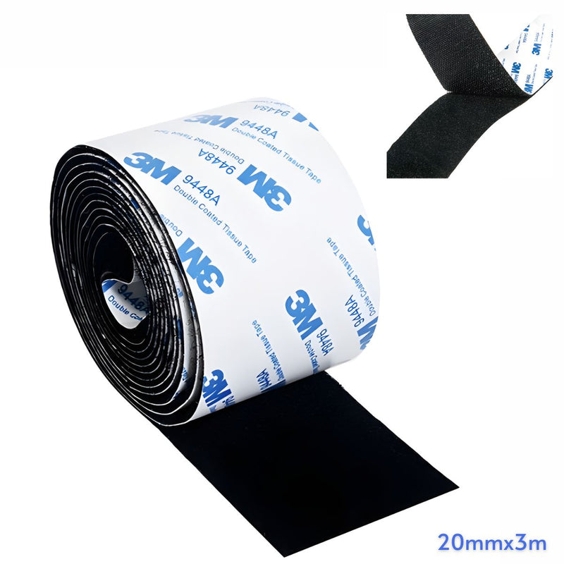 Cinta Velcro Adhesiva 20mmx3m Doble Cara Alta Resistencia. Cierre Mágico Tira Fijación Fuerte Reutilizable para Pared, Auto y Hogar. Color Negro