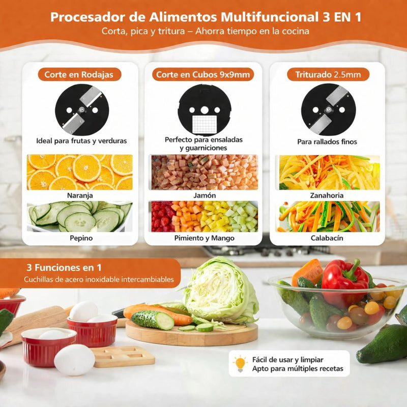 Procesador y Cortador de Vegetales Eléctrico Multifuncional – Rallador y Rebanador de Cocina 3 en 1 de 110W. Triturador de Alimentos Eléctrico Multifuncional con 3 cuchillas Intercambiables.