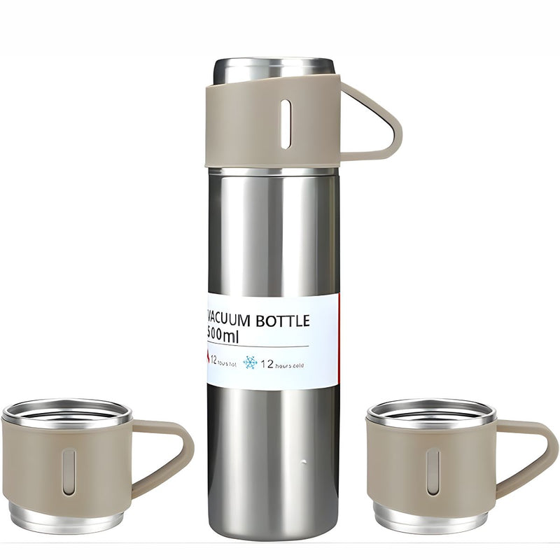 Termo de Acero Inoxidable 304 con 2 Tazas. Set Botella Térmica Portátil Hermética Frío y Calor 500 ml
