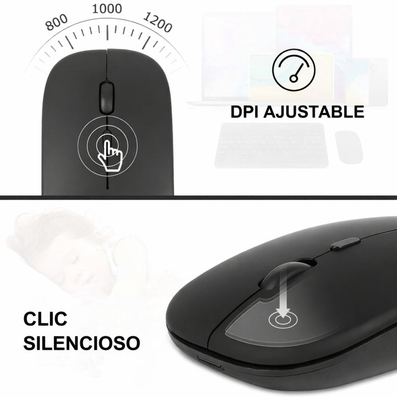 Teclado y Mouse Inalámbricos en Español Bluetooth Recargables USBC Ultra Delgados Compatibles con PC Laptop Tablet iOS Android Windows. Color Negro