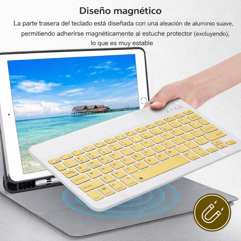 Teclado y Mouse Inalámbricos en Español Bluetooth Recargables USBC Ultra Delgados Compatibles con PC Laptop Tablet iOS Android Windows. Color Amarillo