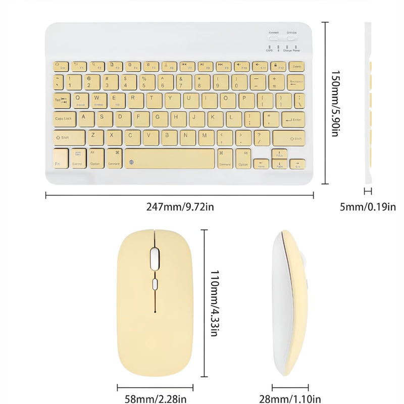 Teclado y Mouse Inalámbricos en Español Bluetooth Recargables USBC Ultra Delgados Compatibles con PC Laptop Tablet iOS Android Windows. Color Amarillo
