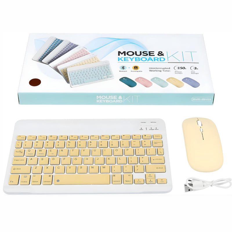 Teclado y Mouse Inalámbricos en Español Bluetooth Recargables USBC Ultra Delgados Compatibles con PC Laptop Tablet iOS Android Windows. Color Amarillo