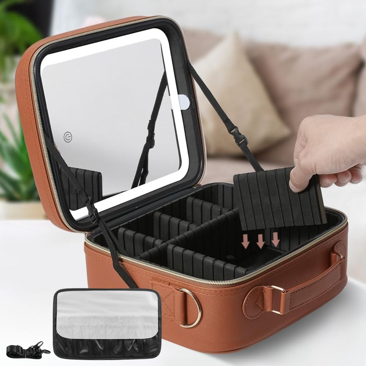 Estuche para Maquillaje y Accesorios organizador con Espejo LED Desmontable Luz Ajustable Portátil. Estuche Cosmético Viaje Gran Capacidad Impermeable. Color Mocca