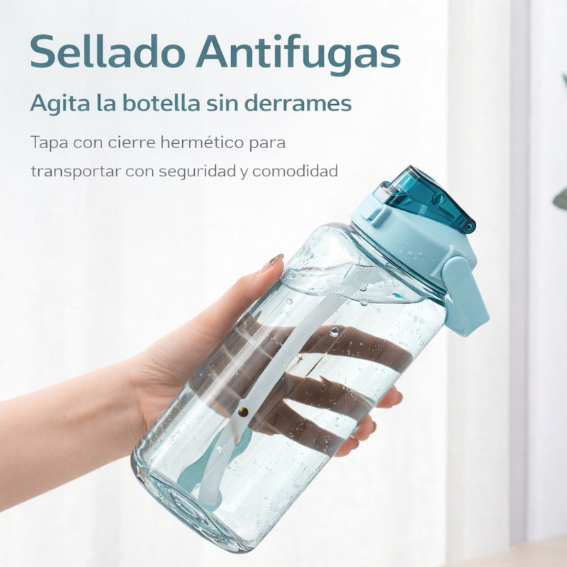 Botella de Agua Deportiva 2L con Carrizo y Marcador de Tiempo. Botella Motivacional Antiderrame con Asa. Libre de BPA para Gimnasio Oficina Escuela Viaje. Verde