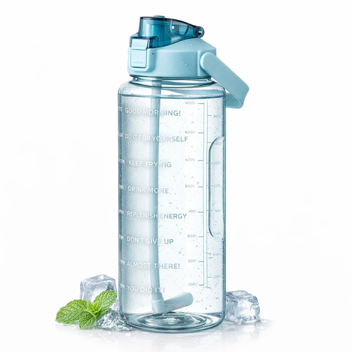 Botella de Agua Deportiva 2L con Carrizo y Marcador de Tiempo. Botella Motivacional Antiderrame con Asa. Libre de BPA para Gimnasio Oficina Escuela Viaje. Verde