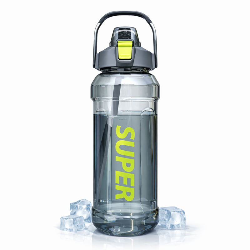 Botella de Agua 2L con Carrizo. Botella Deportiva Grande con Tapa Antiderrame y Asa Portátil Libre de BPA para Gimnasio Oficina Escuela Viaje. Color Gris