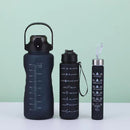 Botellas de Agua Deportivas Set de 3 con Marcador de Tiempo 2000ml 900ml 280ml. Botellas Motivacionales Antiderrame con Asa BPA Free para Gimnasio Viaje Escuela. Negras