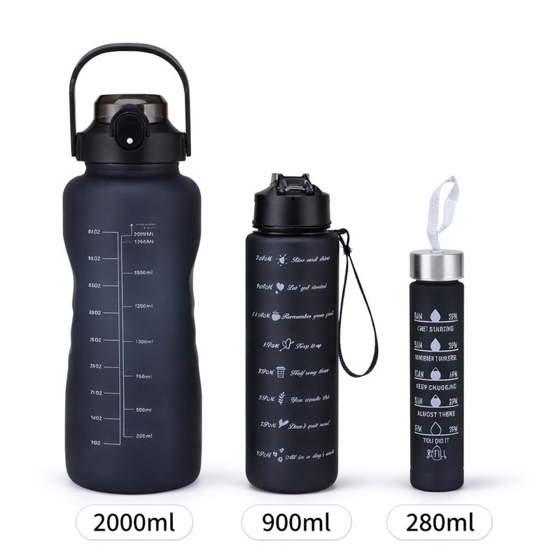 Botellas de Agua Deportivas Set de 3 con Marcador de Tiempo 2000ml 900ml 280ml. Botellas Motivacionales Antiderrame con Asa BPA Free para Gimnasio Viaje Escuela. Negras