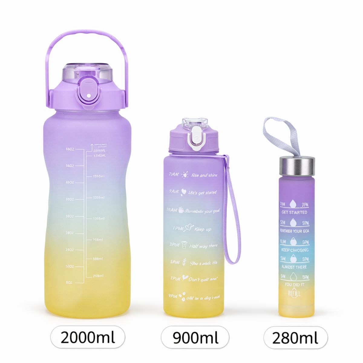 Botellas de Agua Deportivas Set de 3 con Marcador de Tiempo 2000ml 900ml 280ml. Botellas Motivacionales Antiderrame con Asa BPA Free para Gimnasio Viaje Escuela. Multicolor