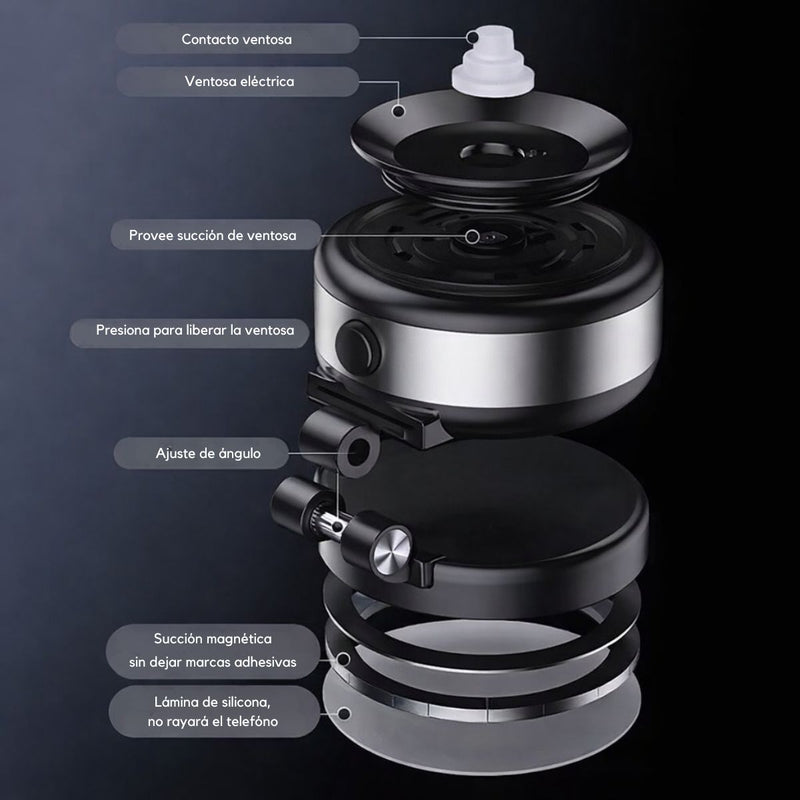 Soporte Magnético para Celular con Ventosa Eléctrica USB C. Base Ajustable 360°. Soporte Multiuso para Auto Tablero Escritorio Compatible con iPhone Android. Color Plateado