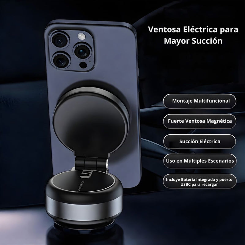 Soporte Magnético para Celular con Ventosa Eléctrica USB C. Base Ajustable 360°. Soporte Multiuso para Auto Tablero Escritorio Compatible con iPhone Android. Color Plateado