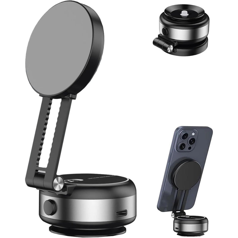Soporte Magnético para Celular con Ventosa Eléctrica USB C. Base Ajustable 360°. Soporte Multiuso para Auto Tablero Escritorio Compatible con iPhone Android. Color Plateado