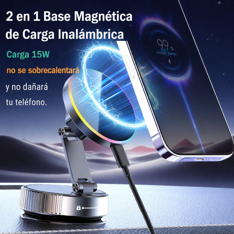 Soporte Magnético para Celular con Ventosa manual y Carga Inalámbrica 15W. Base Ajustable 360° con Luz LED RGB Compatible iPhone Android