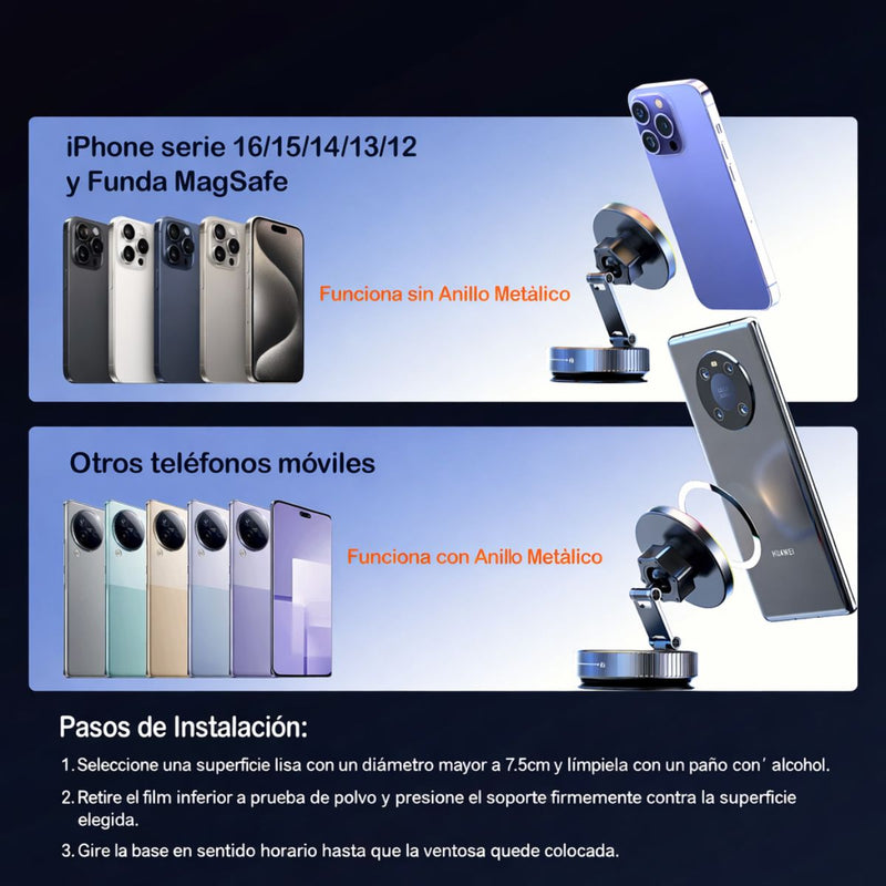 Soporte Magnético para Celular con Ventosa manual y Carga Inalámbrica 15W. Base Ajustable 360° con Luz LED RGB Compatible iPhone Android