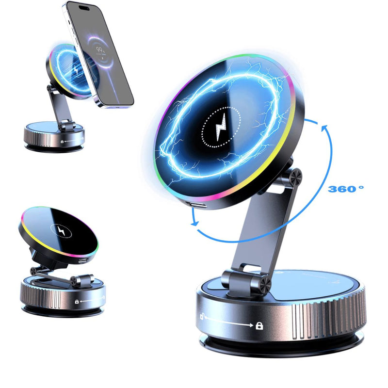 Soporte Magnético para Celular con Ventosa manual y Carga Inalámbrica 15W. Base Ajustable 360° con Luz LED RGB Compatible iPhone Android