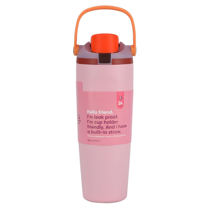 Botella De Agua Termo De 30oz. Vaso Térmico De Acero Inoxidable Con tapa hermética y Asa. Color Rosado Claro.
