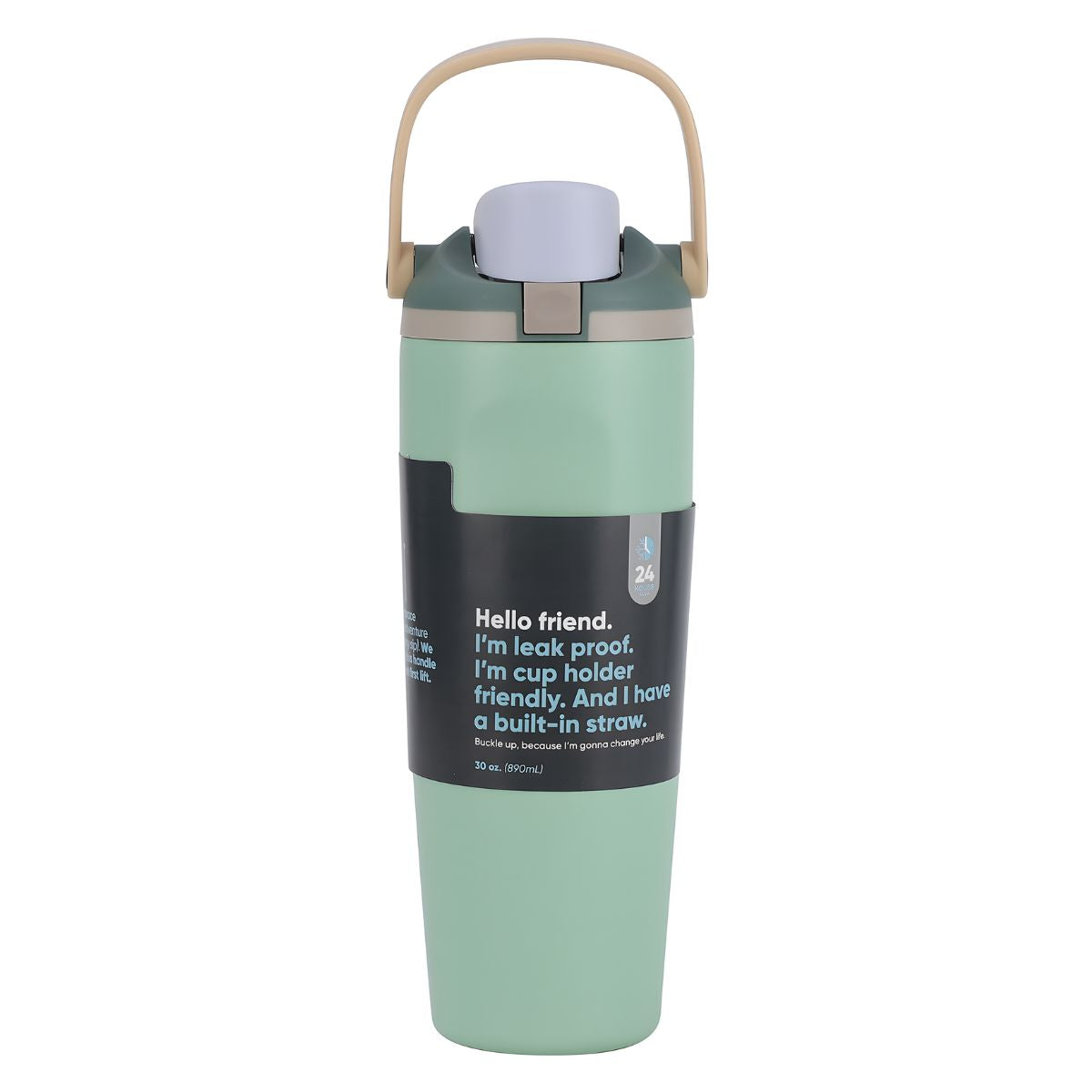 Botella De Agua Termo De 30oz. Vaso Térmico De Acero Inoxidable Con tapa hermética y Asa. Color verde claro.