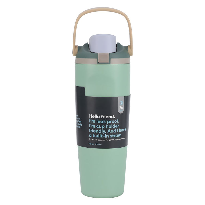 Botella De Agua Termo De 30oz. Vaso Térmico De Acero Inoxidable Con tapa hermética y Asa. Color verde claro.