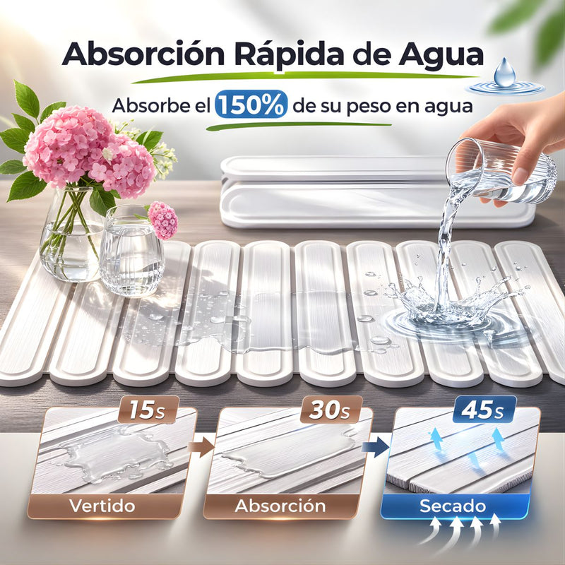 Tapete Diatomeas Diatomita Escurridor De Platos Plegable Enrollable (60X39cm). Base Absorbente Antideslizante Para Cocina. Color blanco.