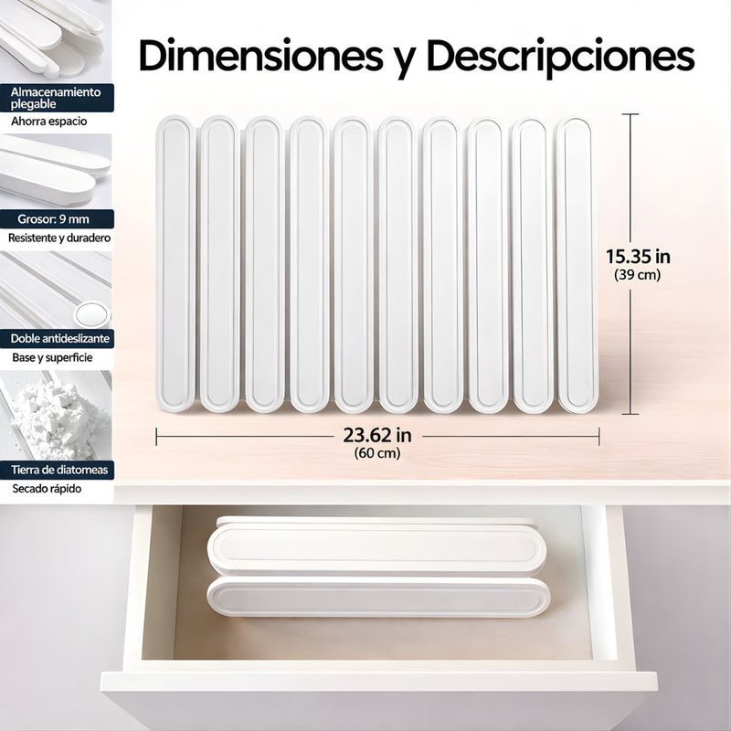 Tapete Diatomeas Diatomita Escurridor De Platos Plegable Enrollable (60X39cm). Base Absorbente Antideslizante Para Cocina. Color blanco.