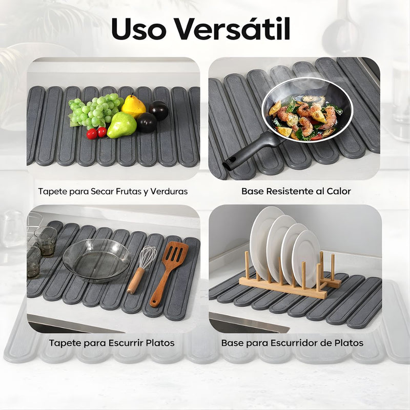 Tapete Diatomeas Diatomita Escurridor De Platos Plegable Enrollable (60X39cm). Base Absorbente Antideslizante Para Cocina. Color gris oscuro.