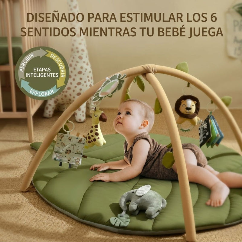 Gimnasio Para Bebé Con Alfombra Acolchada Tipo Hoja Y Arco De Juegos. Baby gym Con Juguetes Colgantes Desmontables. Estimulación temprana.