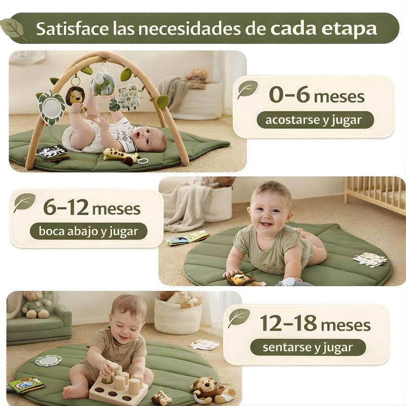Gimnasio Para Bebé Con Alfombra Acolchada Tipo Hoja Y Arco De Juegos. Baby gym Con Juguetes Colgantes Desmontables. Estimulación temprana.