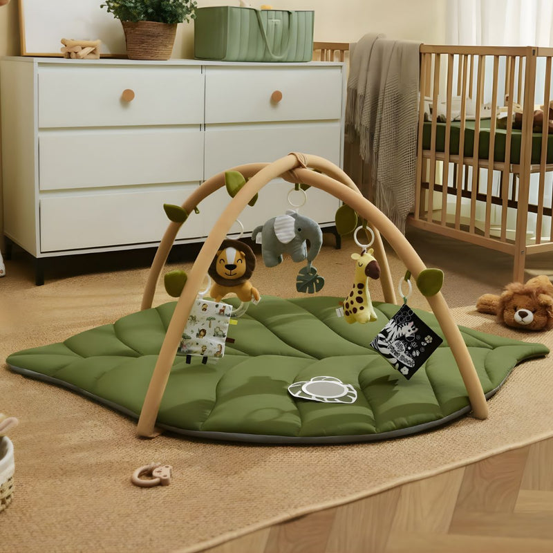 Gimnasio Para Bebé Con Alfombra Acolchada Tipo Hoja Y Arco De Juegos. Baby gym Con Juguetes Colgantes Desmontables. Estimulación temprana.