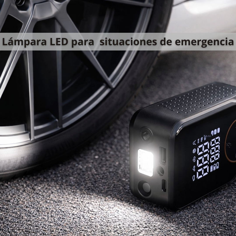 Inflador de llantas Portátil. Compresor de Aire Recargable con Pantalla Digital Dual. Luz LED Integrada (74x47x120mm).