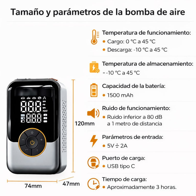 Inflador de llantas Portátil. Compresor de Aire Recargable con Pantalla Digital Dual. Luz LED Integrada (74x47x120mm).