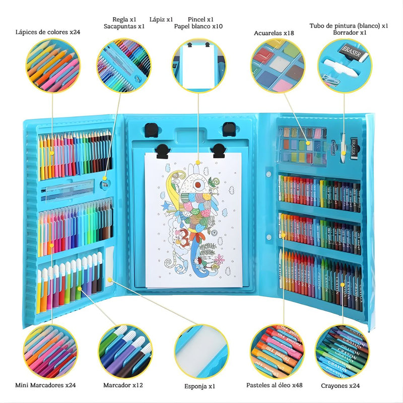 Estuche Artístico Infantil. Set De Arte Para Dibujar Y Pintar. Kit De Colores Completo. Mega Art Set 208 Piezas para Niños | Kit Completo de Pintura y Dibujo