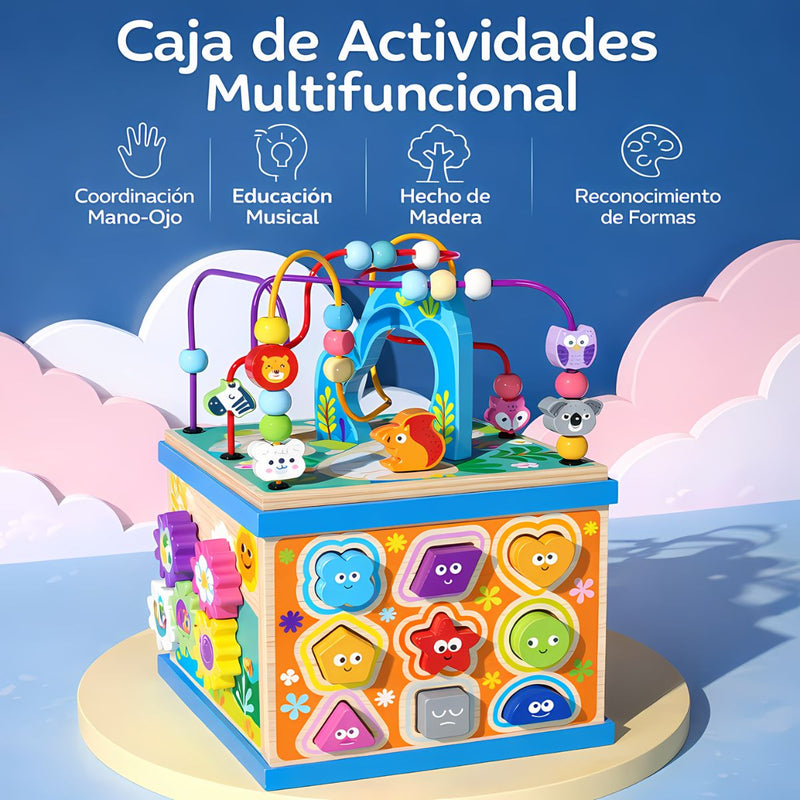Juguete Educativo Para Bebés. Cubo De Actividades De Madera. Aprendizaje De Formas, Colores Y Letras. Juego de cuentas universales (23x23x35cm).