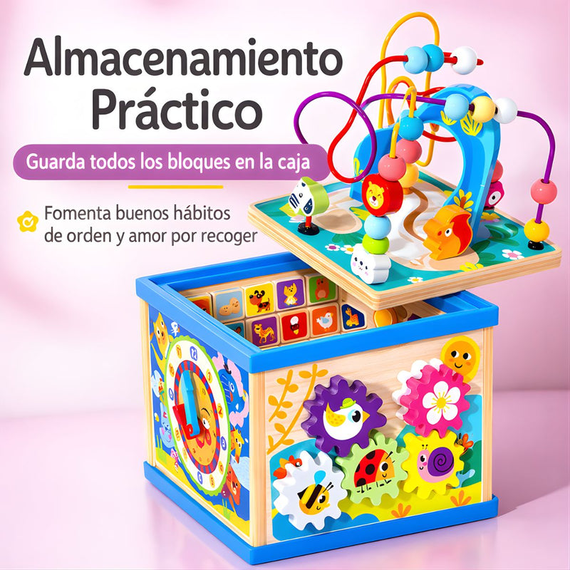 Juguete Educativo Para Bebés. Cubo De Actividades De Madera. Aprendizaje De Formas, Colores Y Letras. Juego de cuentas universales (23x23x35cm).