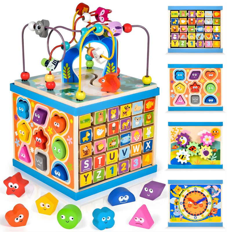 Juguete Educativo Para Bebés. Cubo De Actividades De Madera. Aprendizaje De Formas, Colores Y Letras. Juego de cuentas universales (23x23x35cm).
