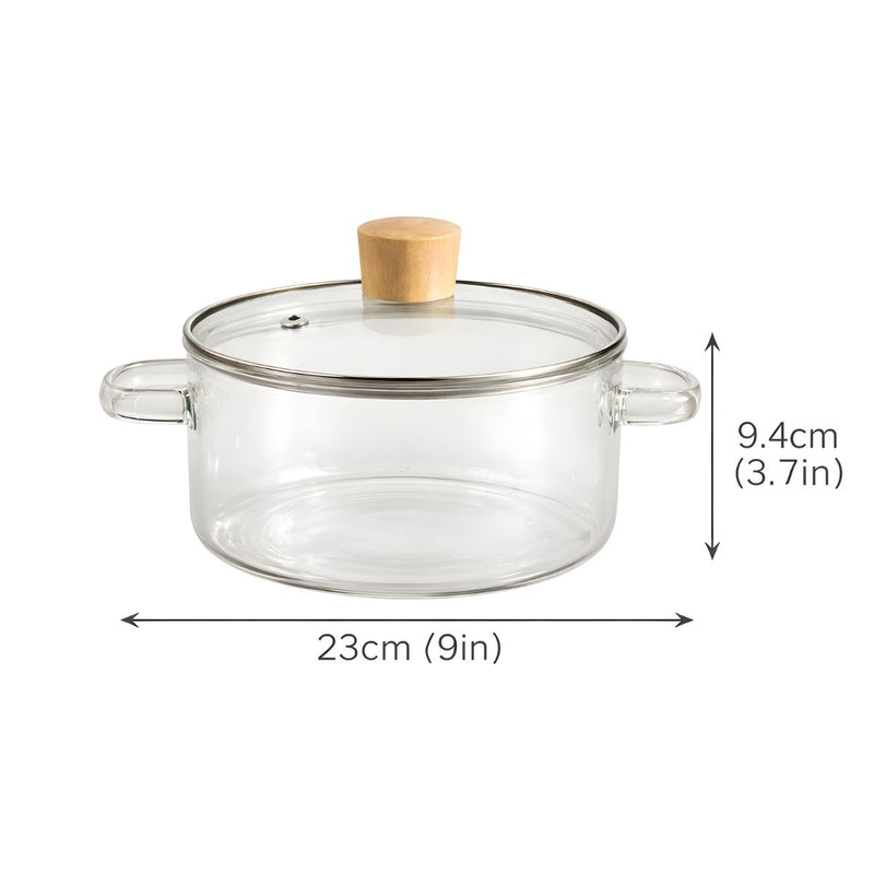 Olla de Vidrio Borosilicato con Tapa y Asas. Cacerola Transparente de 1800ml (1.8L). Apta para estufa, Microondas y Horno.