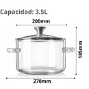 Olla de Vidrio Borosilicato con Tapa y Asas. Perilla Superior de Acero Inoxidable. Cacerola Transparente de 3500ml (3.5L). Apta para estufa, Microondas y Horno.